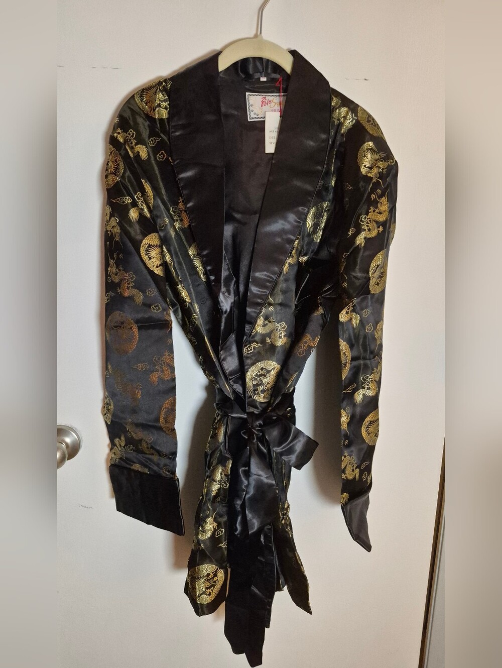 Authentic Vintage Black Satin Kimono-Style Robe with Gold Dragon Motif For Woman